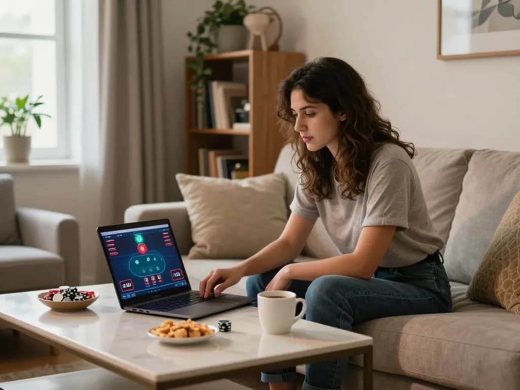 Terlibat dalam daftar poker online dari sofa yang nyaman, menampilkan permainan strategis dan konsentrasi yang fokus