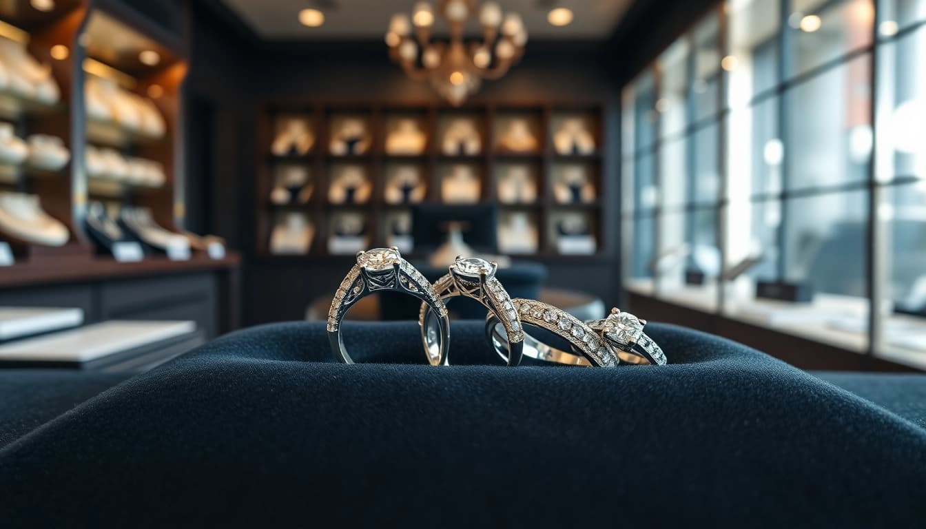 Showcase of exquisite Wedding bands on velvet with sparkling details, inviting couples.