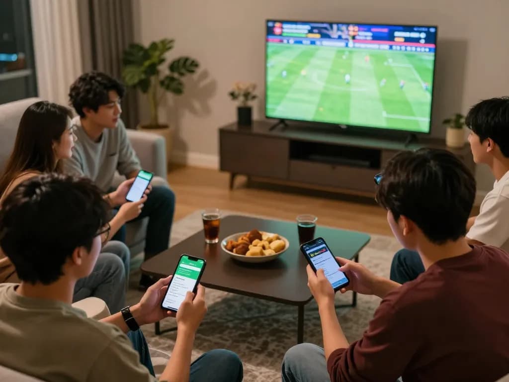 Friends analyzing sports bets using the jmb88 app during an engaging home betting night.