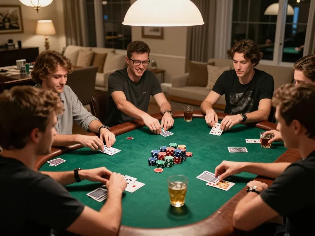 Friends enjoying a thrilling poker night at home while immersed in b52club gaming excitement.