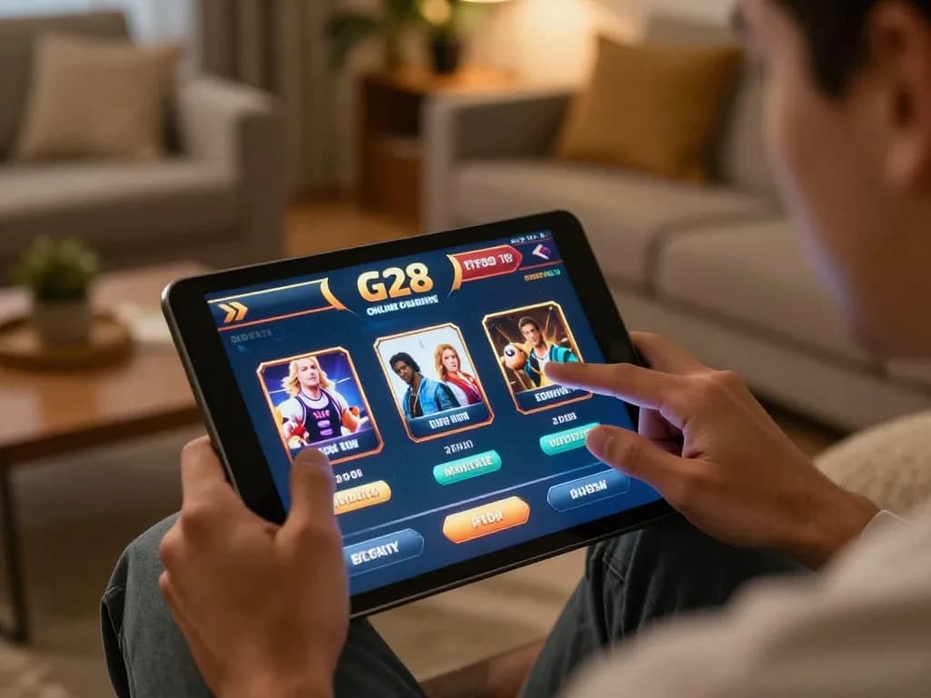 Player engaging with G28 online casino interface on tablet in a cozy home setting