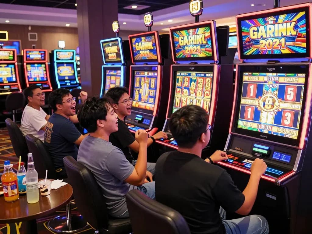 Pemain yang antusias merayakan kemenangan di mesin slot gacor hari ini di kasino yang bersemangat.