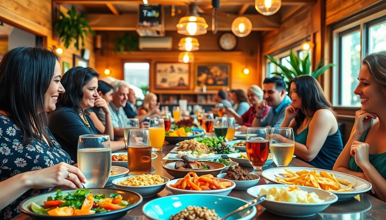 Enjoying Clarksburg ca restaurants with colorful dishes and happy diners in a lively restaurant atmosphere.