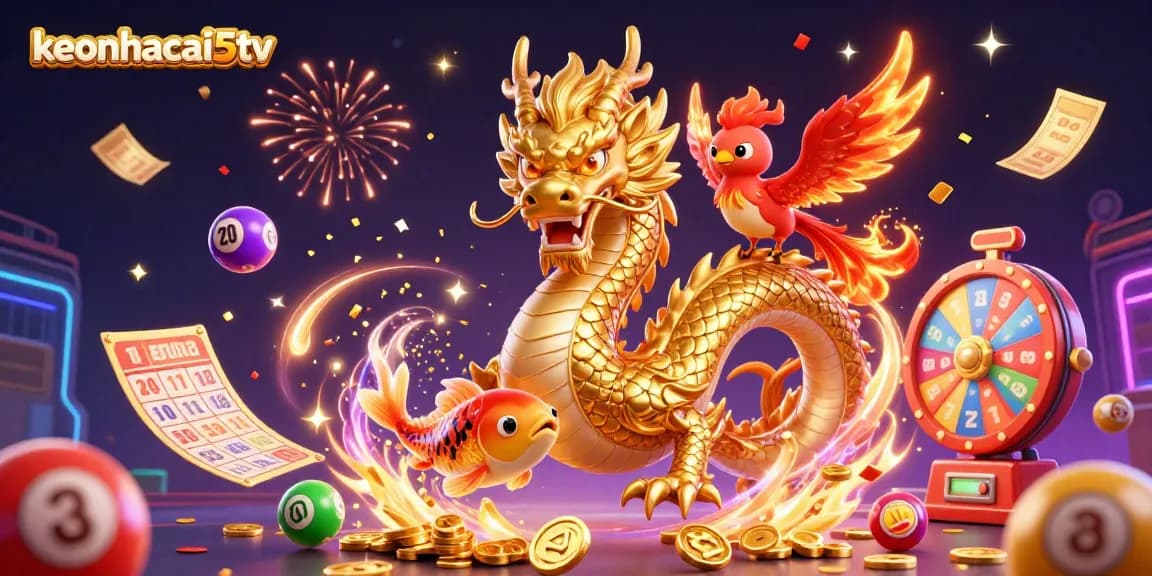 Engage with keonhacai5tv's vibrant casino scene featuring a dragon, phoenix, and koi fish.