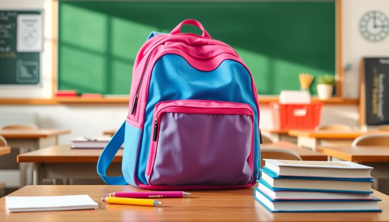 Handtasche für Schulen auf einem Schreibtisch mit Schulmaterialien arrangiert.