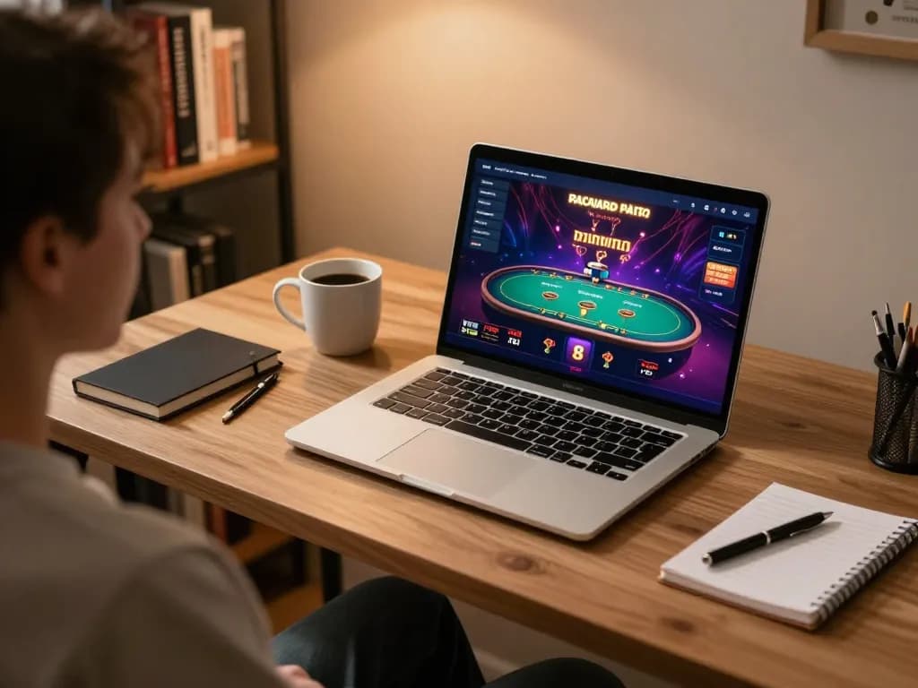 Engaging in casino senza registrazione gameplay on a laptop at home, showcasing online gaming setup.