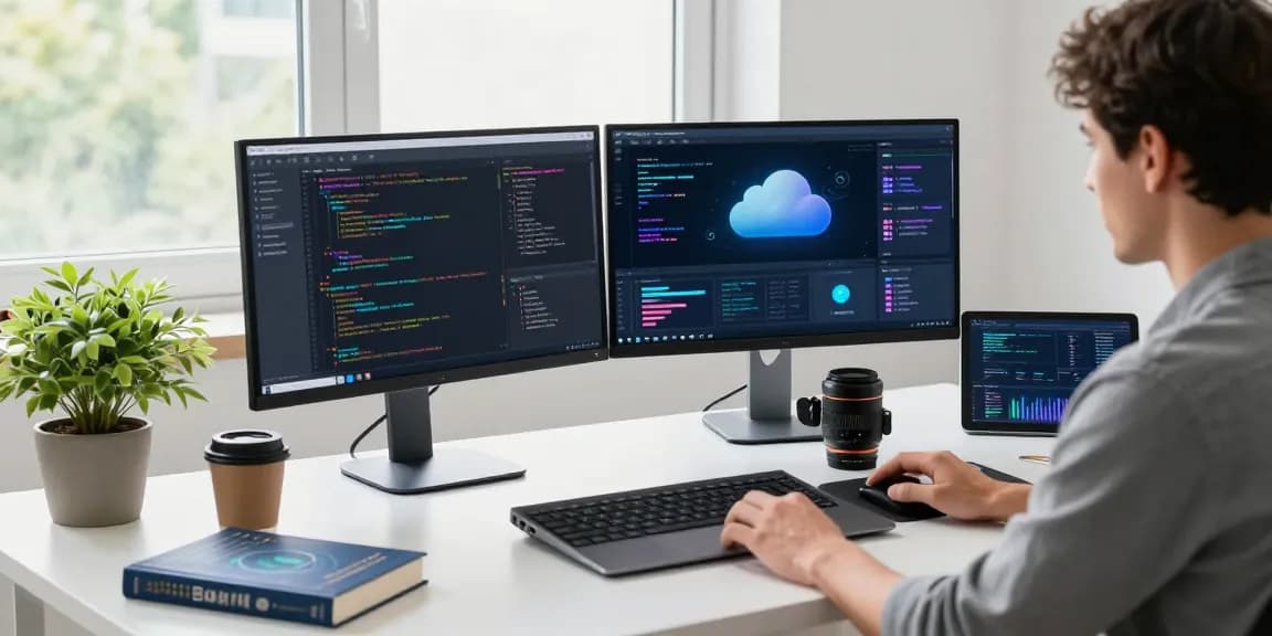 Developer working on cloud management at https://rokok88.cloud in a modern tech workspace with screens and gadgets.