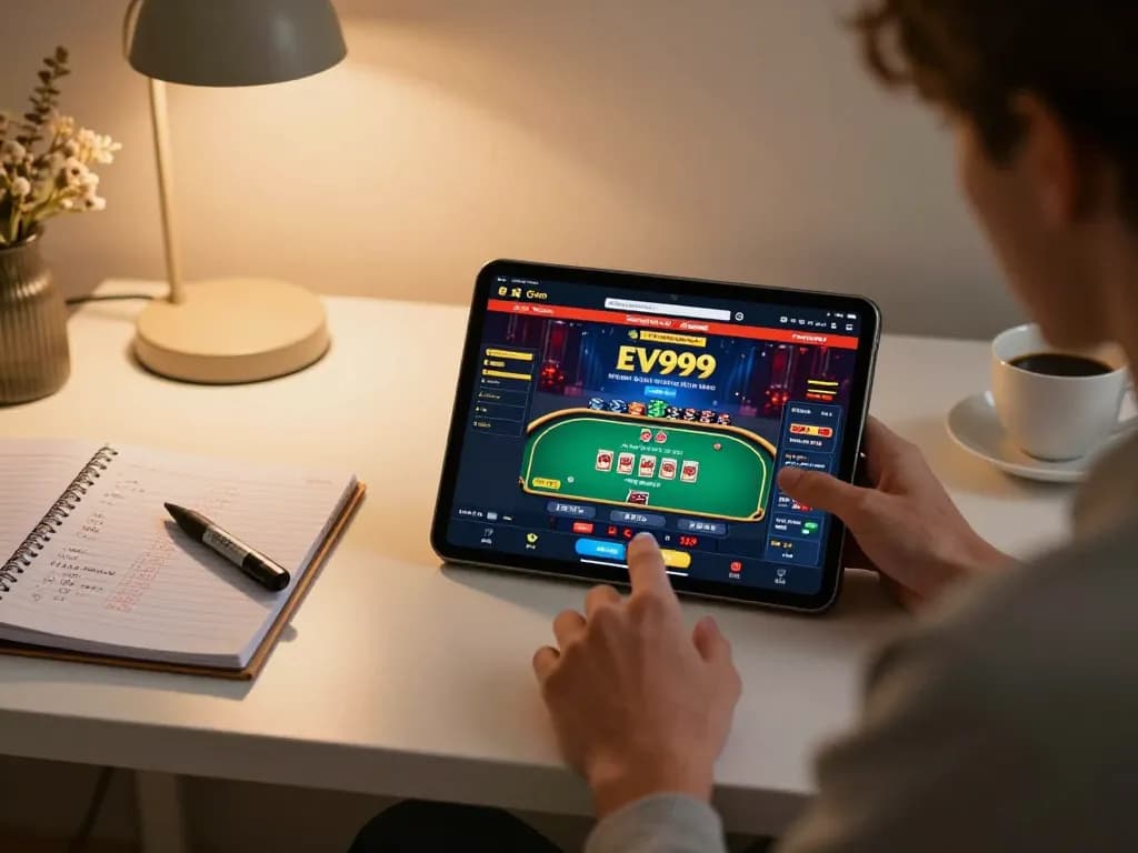 Player engaging with EV99's online casino on a tablet, showcasing strategic gambling preparation.