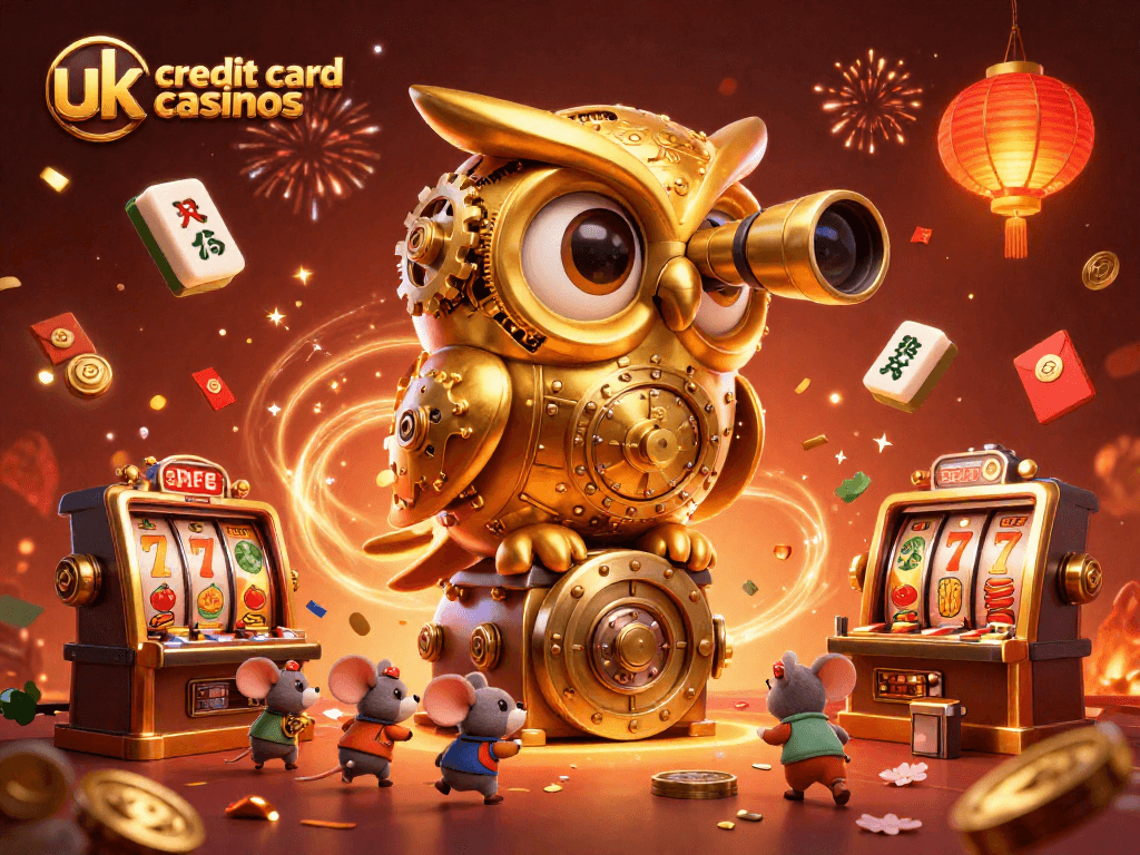 Visit the vibrant scene of top uk credit card casinos featuring a whimsical golden owl and festive gaming elements.