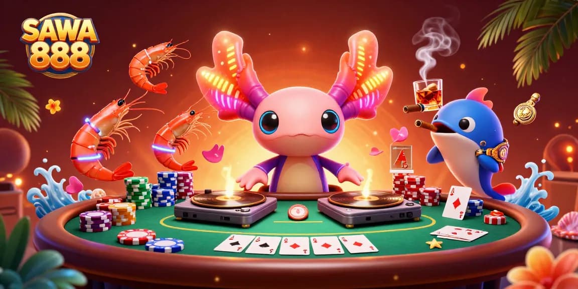 Experience vibrant gaming energy with SAWA 888's lively scene featuring a DJ and casino elements.