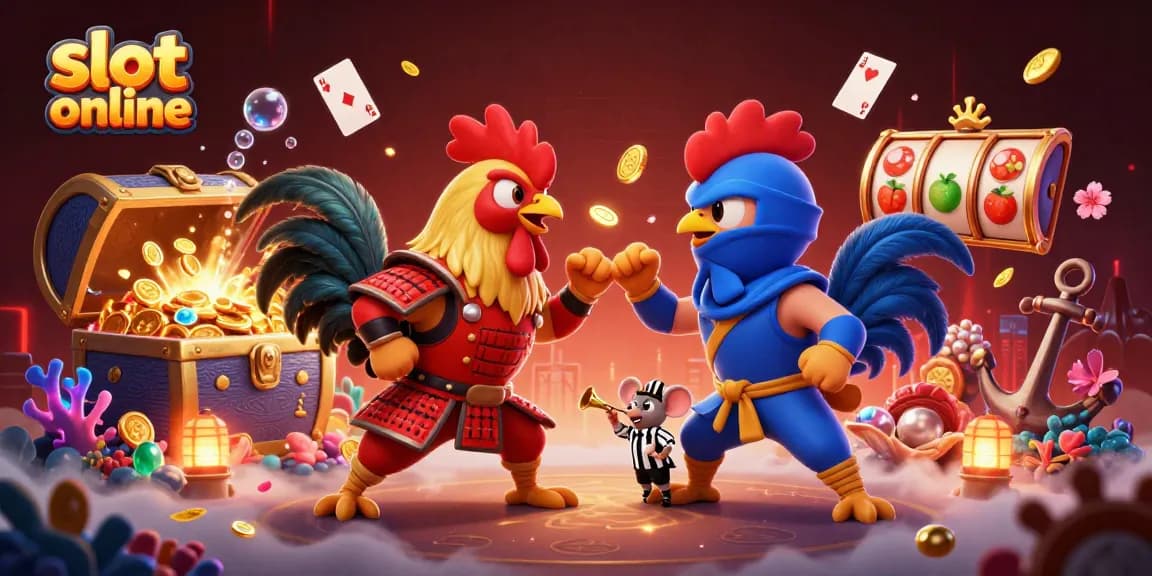 Unleash big wins with thrilling slot online action amidst dynamic 3D fighting roosters scene.