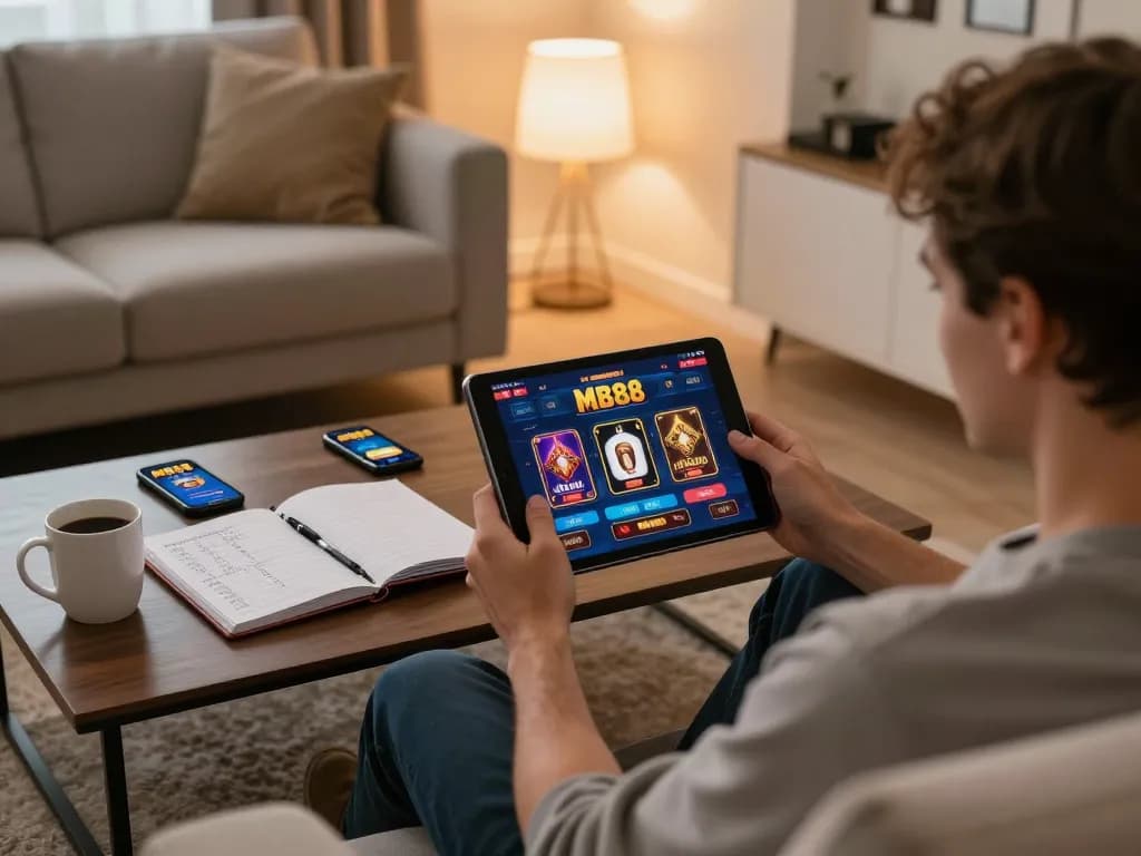 Player enjoying an online casino on a tablet with MB88 app, warm home setting creating a friendly atmosphere.