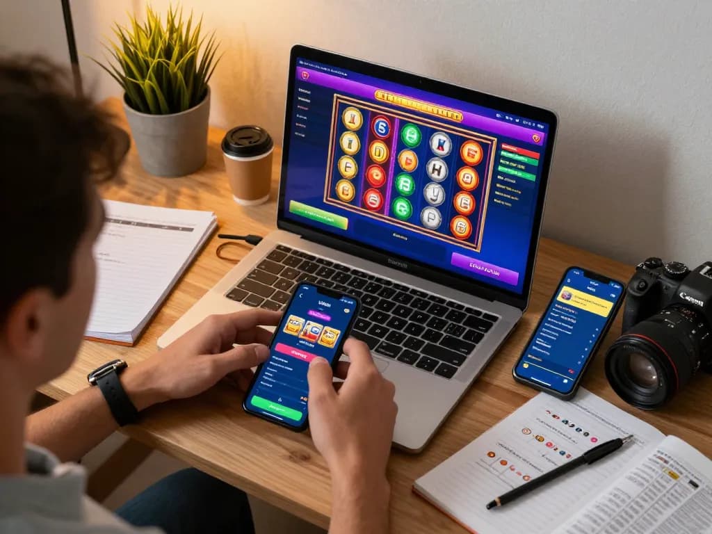 Toto slot gacor gaming session with a user engaged on multiple devices, showcasing vibrant online interface