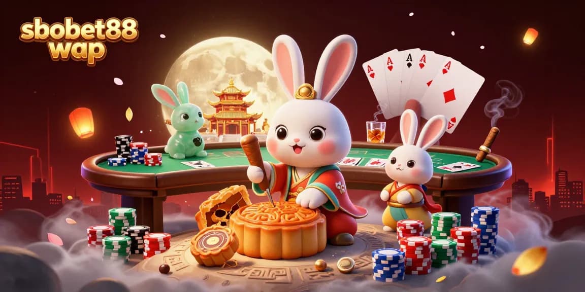 Bet on sbobet88 wap at a vibrant casino scene with cartoon moon rabbit and poker elements.