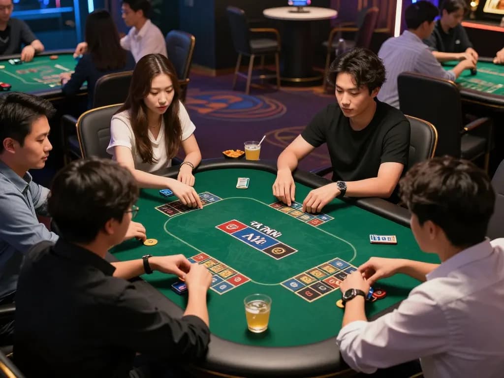 Players engaged in an interactive app tài xỉu online uy tín game at a vibrant casino table.
