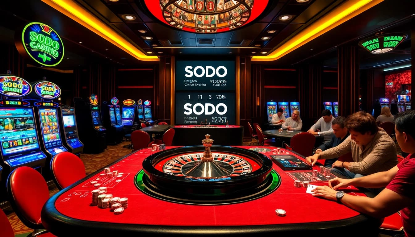 SODO Casino showcases a vibrant gambling atmosphere with players at slot machines and poker tables.