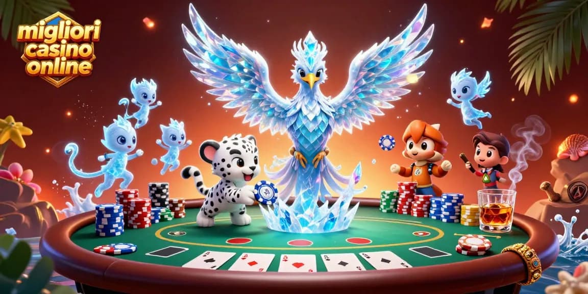 I migliori casino online offrono un'illustrazione vivace con un fenice di ghiaccio e sprite, simboli delle vincite.