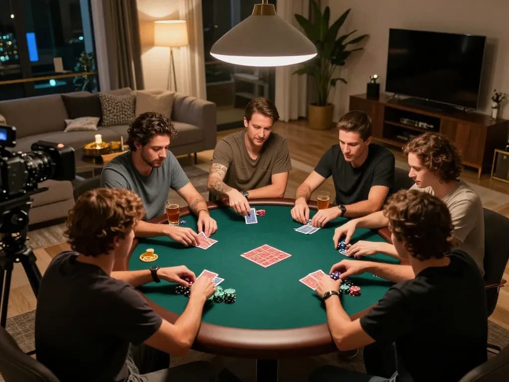 Engaged friends playing poker in cozy setting, showcasing casino senza licenza adm experience.