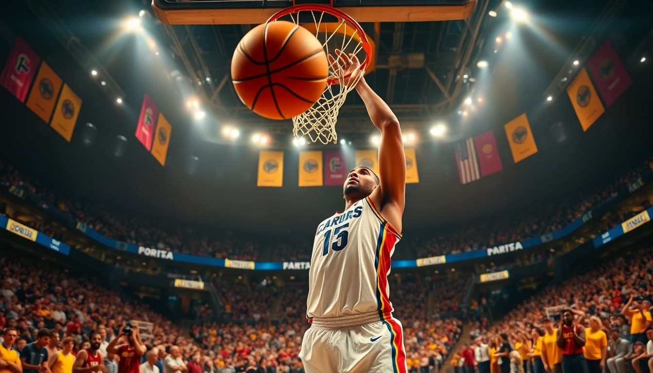 nba중계 경기를 생생하게 보여주며 덩크슛을 하는 농구 선수