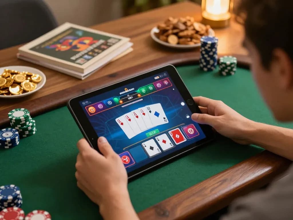 Jae888 player enjoying online poker on tablet in a cozy home environment, demonstrating strategic gambling.