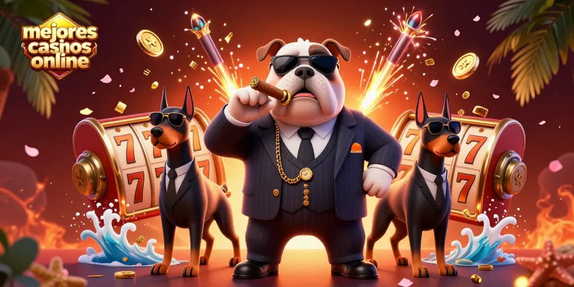 Mejores casinos online en un entorno dinámico con un bulldog y dos dóbermans en un casino virtual.