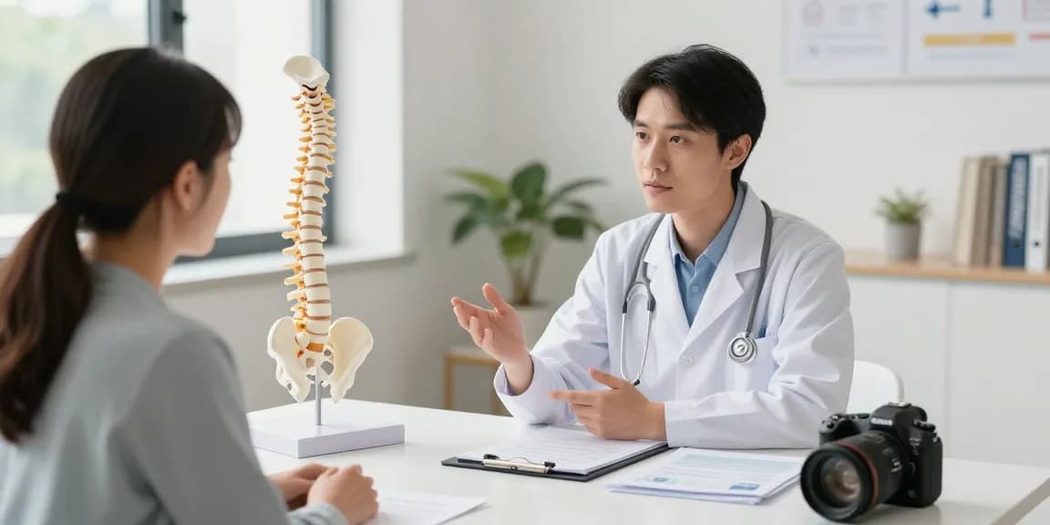 Bel fıtığı ameliyatı consultation in a modern healthcare setting with patient and doctor.