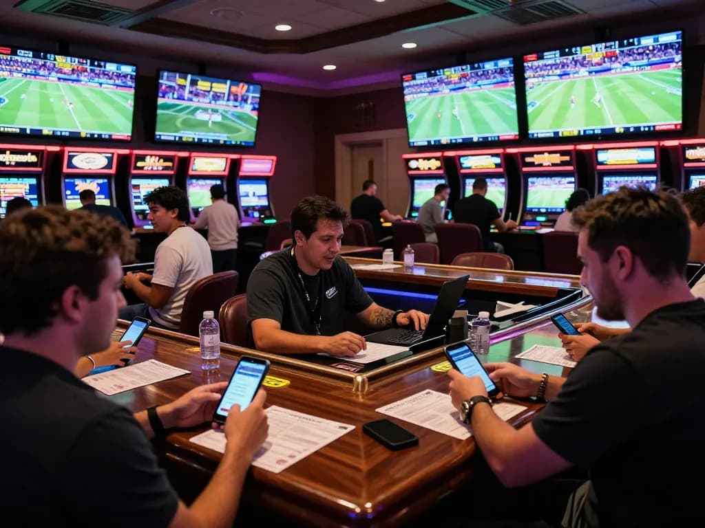 Engaged patrons placing bets on IDNTRADE at a luxurious sportsbook with live events streaming.