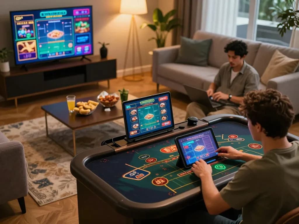 Players engaging in online casino gameplay with cm88-yu, showcasing live dealer interaction and modern home setting.