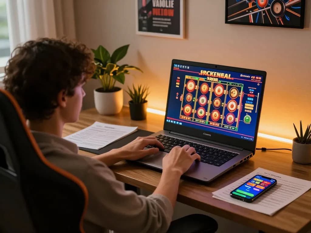 jproyal player engaging with vibrant online slots on a stylish laptop in a cozy home office