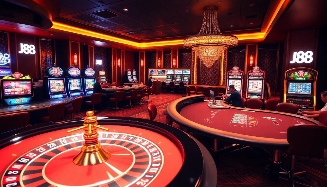 Gamble on the thrilling atmosphere of J88 with players at a roulette table and illuminated slot machines.