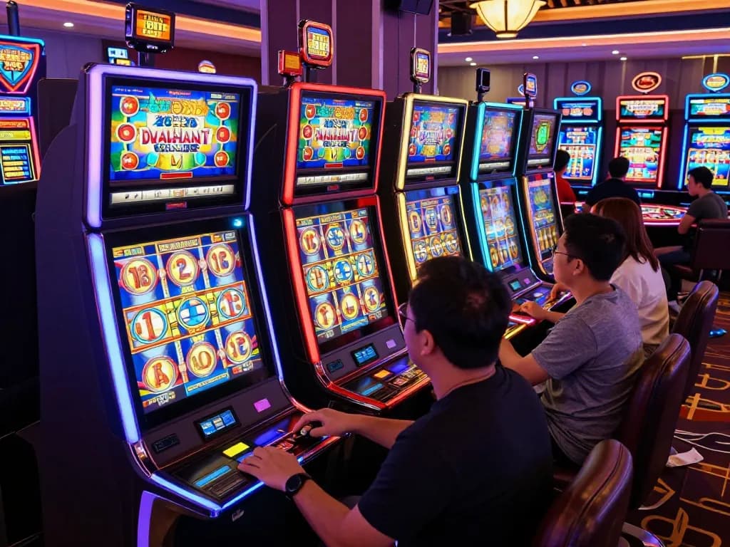 Players enjoying dynamic slot thailand games with spinning reels and vibrant casino ambiance