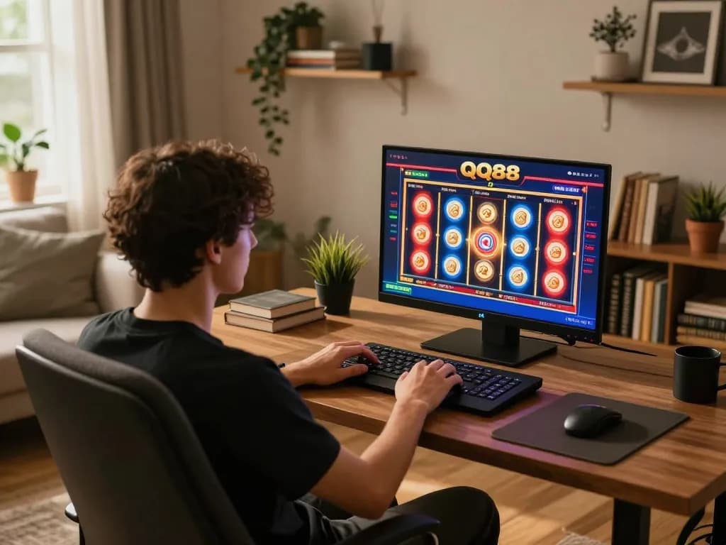 Engaged player enjoying QQ88 slots on a sleek laptop in a cozy home office setting.