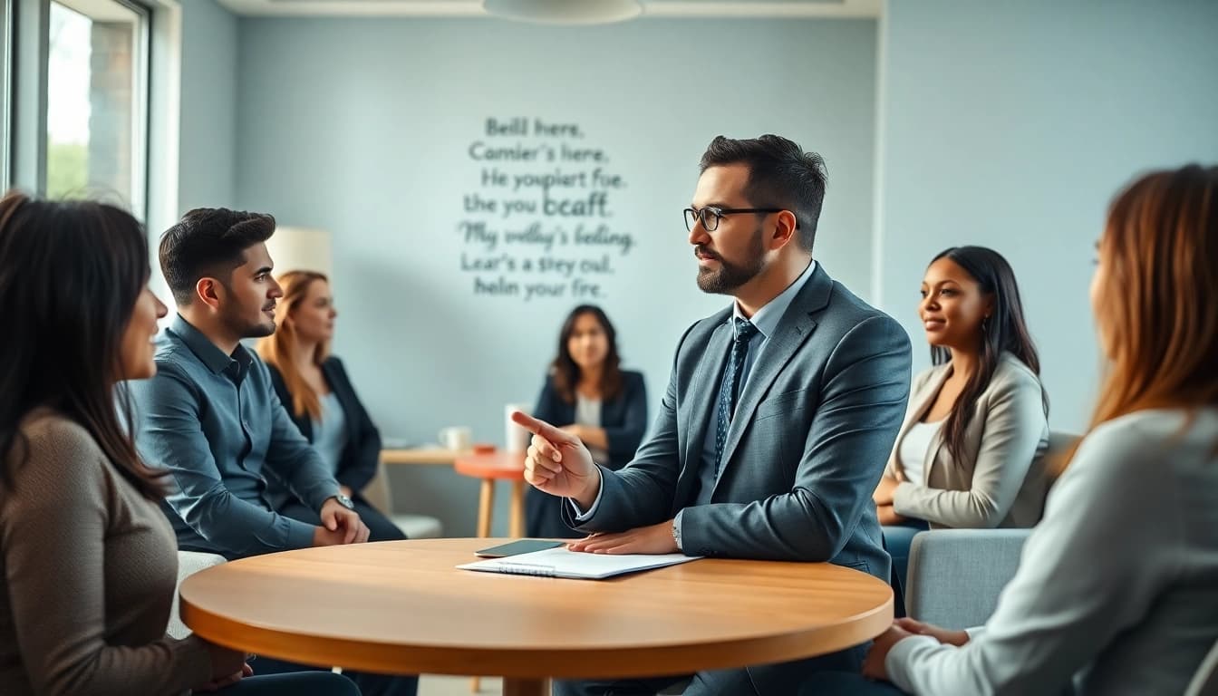 Business coach near me facilitating a dynamic session with diverse clients in an inviting office.