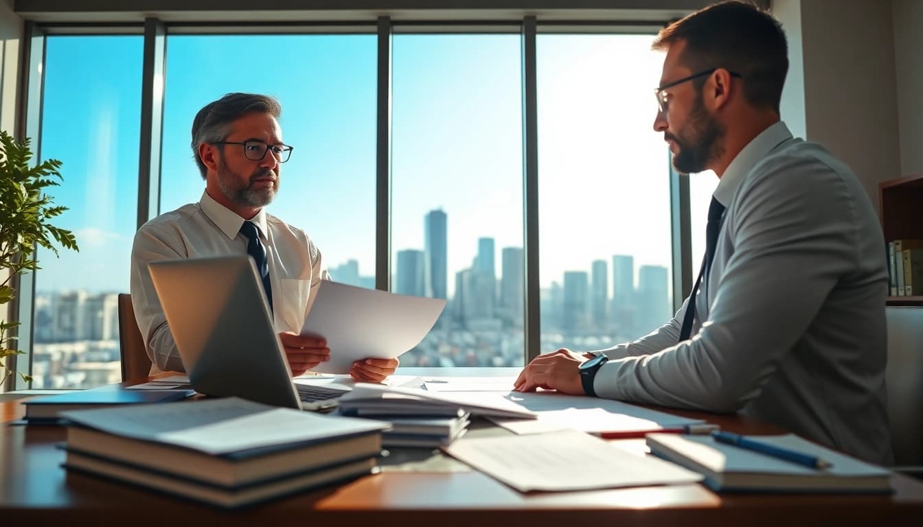 Truck accident attorney Clearwater assisting a client in a modern office.