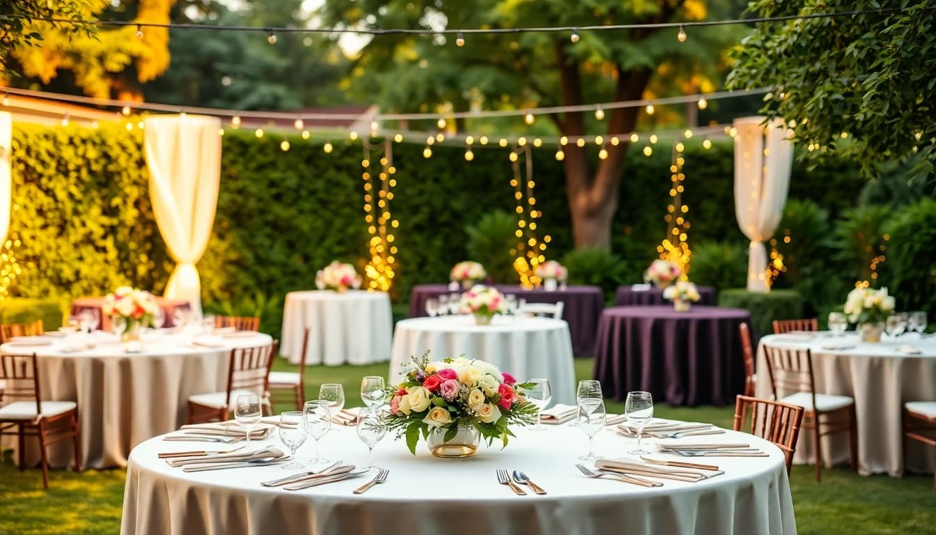 Experience stunning table rentals for events, set in an elegant garden with beautiful arrangements.