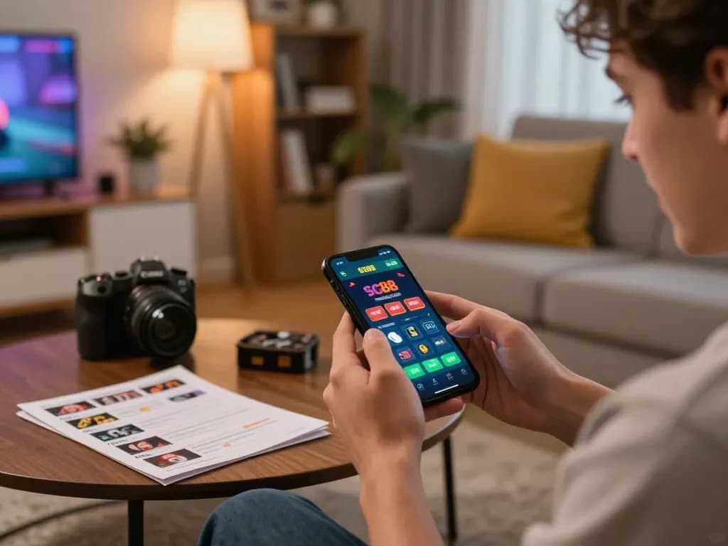 Player enjoying sc88 casino app on smartphone in a cozy living room, focused on gaming strategy