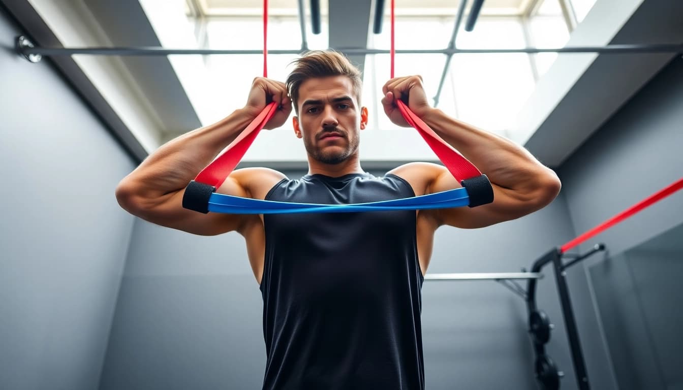 Person demonstrating stretch bands for pull-ups in a vibrant gym setting, highlighting effective workout techniques.