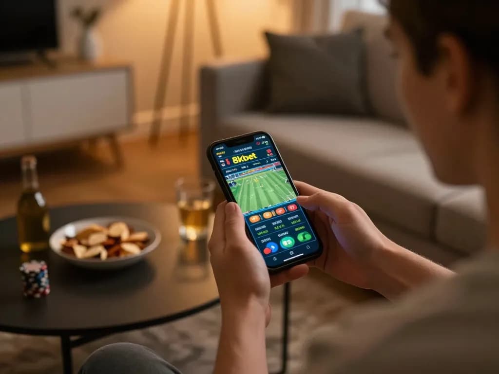 Engaging with live sports betting on 8kbet using smartphone in cozy home setting
