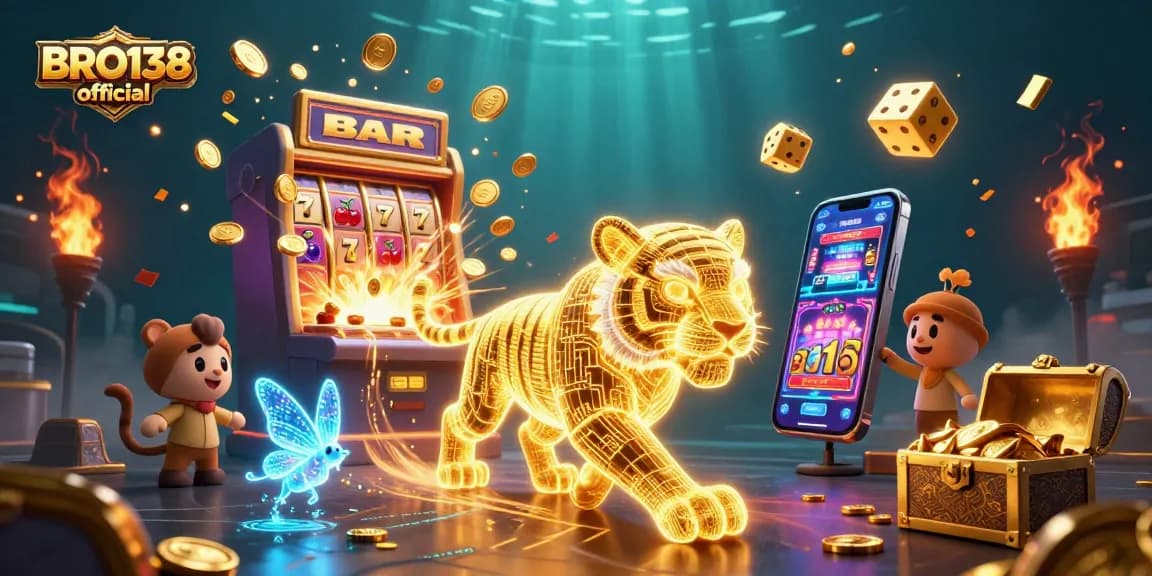 BRO138 official showcases an exciting 3D casino scene with a golden tiger amid dynamic slot machine action.