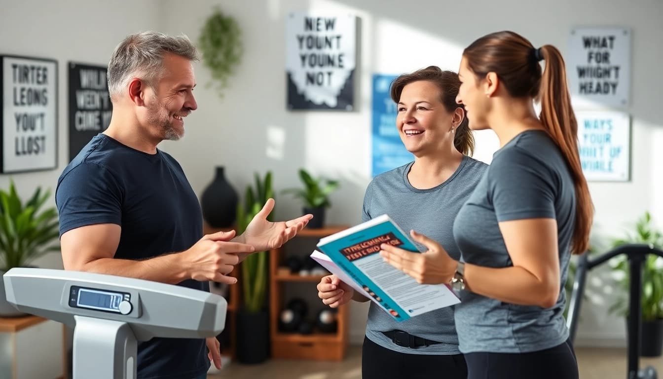Fitness coach guiding client to overcome weight loss plateau with motivational support.