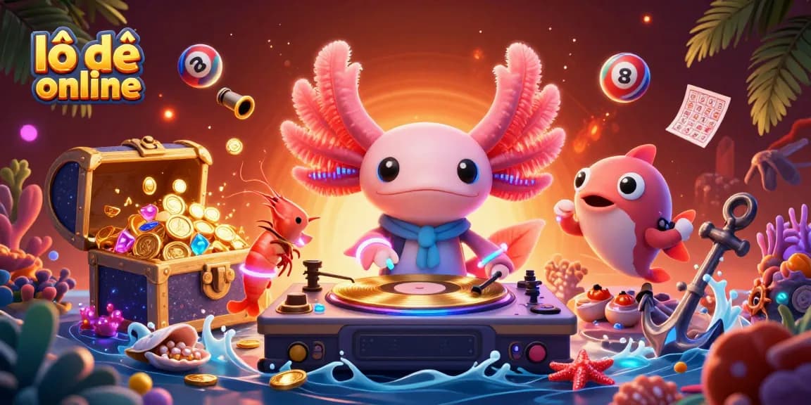 Play exciting lô đề online with a neon-themed underwater scene featuring a DJ axolotl, glowing shrimp, and lottery elements.