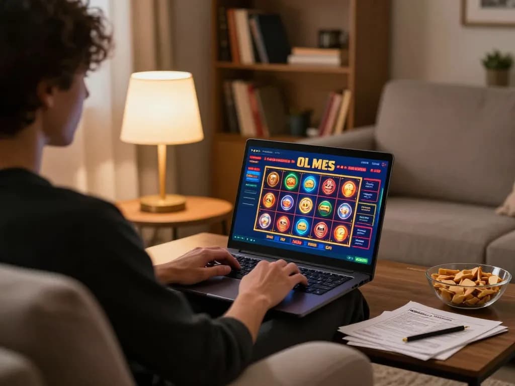 Experience เว็บสล็อตตรง in a cozy home setting with online gaming on a laptop, enhancing responsible gambling.