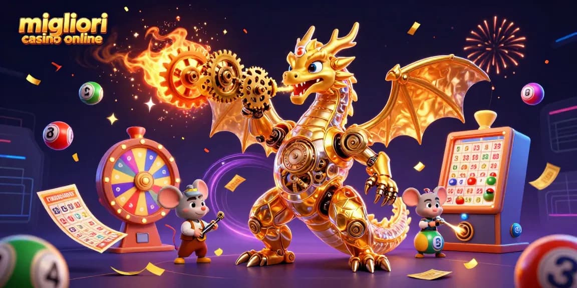 Gioca e vinci nei migliori casino online con una fantastica illustrazione 3D di drago dorato e palline lotterie.