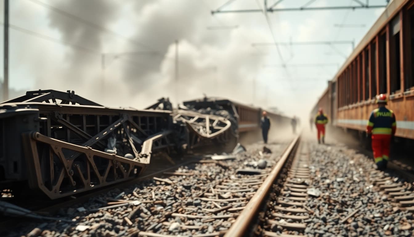 Spain train crash scene with twisted wreckage and emergency responders in action.