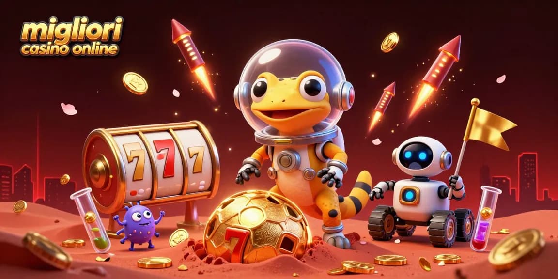 Scopri i migliori casino online con il gecko marziano in un'immagine colorata e vivace.