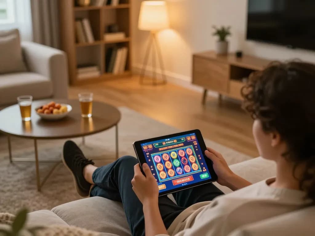 Engaging in link slot kamboja while enjoying a cozy home gaming atmosphere with snacks and drink nearby