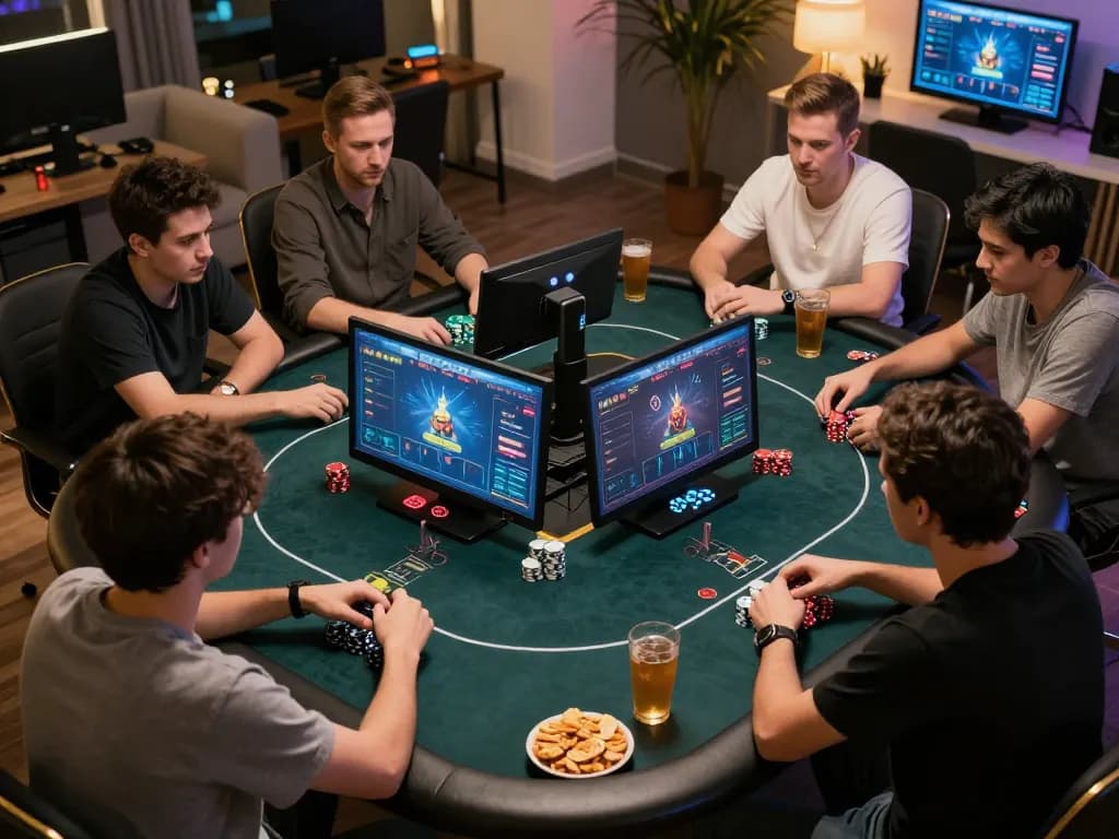 Players engaging in an online poker game at home, showcasing 123b strategies and gameplay.