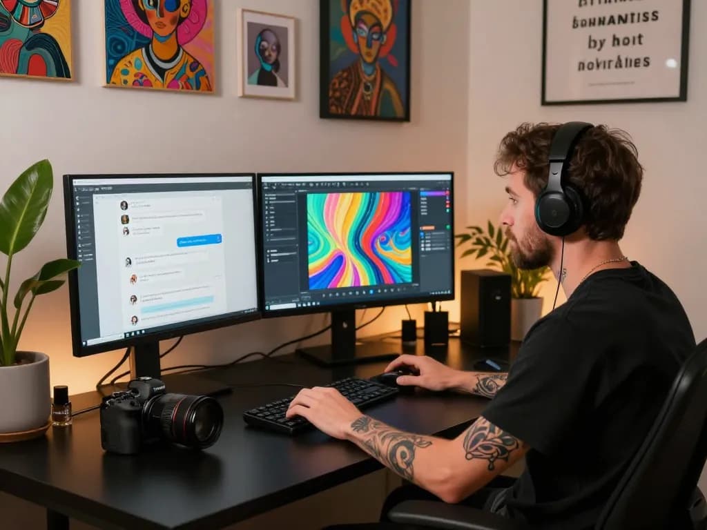 Workspace for creating IA +18 content with dual monitors, vibrant digital art, and a creative atmosphere
