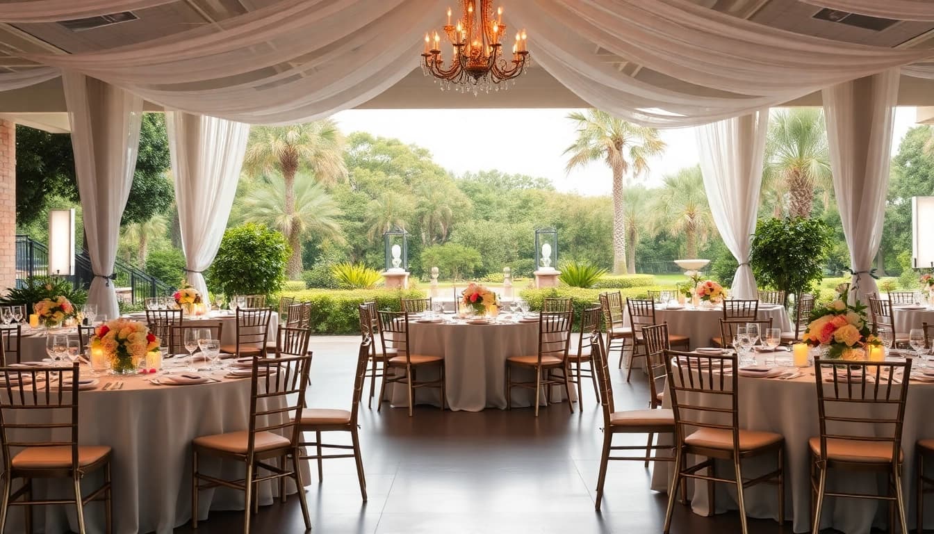 Stunning wedding event space Jacksonville with elegant floral arrangements in peaceful garden setting.