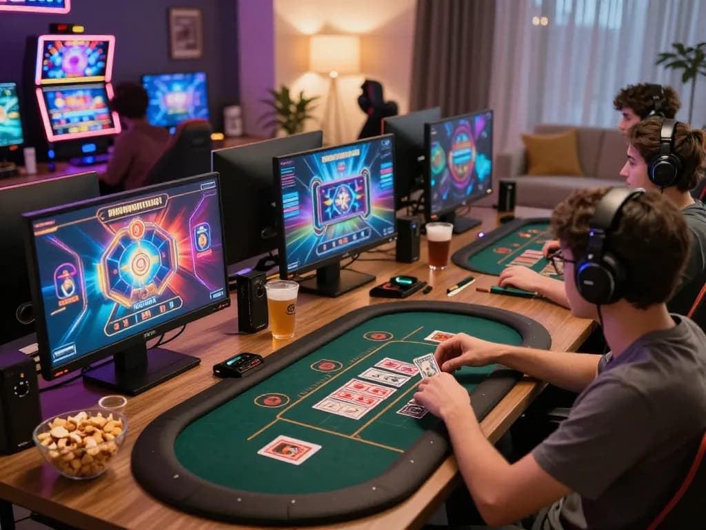 Engaging scene of players enjoying casino online stranieri sicuri games in a cozy home atmosphere with snacks and drinks.